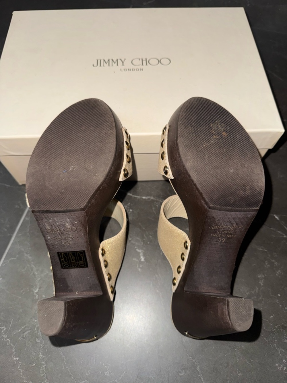 Jimmy Choo Beige Gold Metallic Block Heel Sandals - Picture 5 of 6